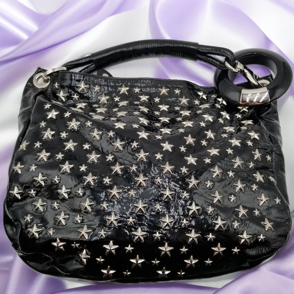 Jimmy Choo Star Studs One Shoulder Sky Bag Black Patent Leather